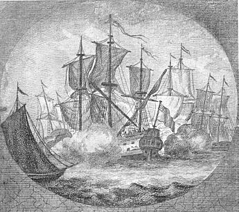 Kopergravure van de zeeslag op 3 maart 1804; een Engels fregat wordt door 3 Hollandse schepen aangevallen.