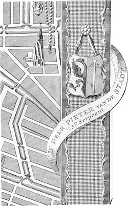 plattegrond van wijk 15 van Amsterdam 
                     (1779/1780) met wapen van Pieter van de Stadt